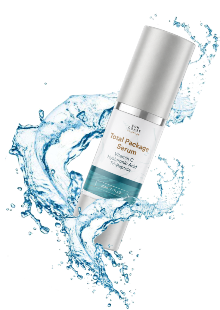 Total Package Serum bottle surrounded by a water splash